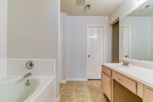 a bathroom with a tub sink and mirror