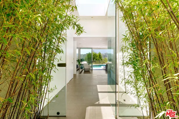 a porch with a potted plant