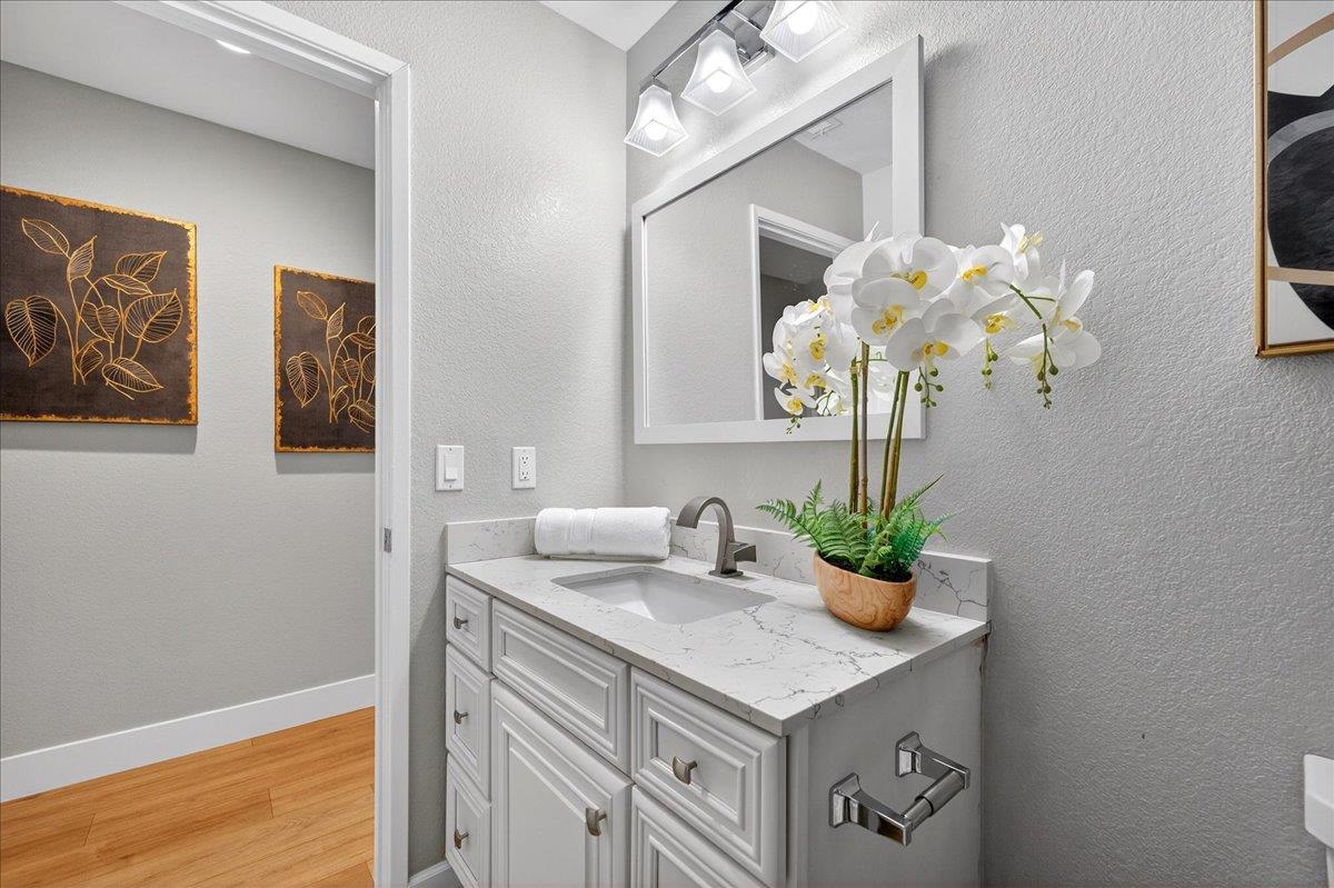 244 Rachael Place Pleasanton, CA 94566 - Photo 16 of 24 a bathroom with a sink a mirror and a potted plant