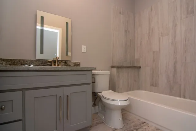 a bathroom with a sink a toilet and a bathtub