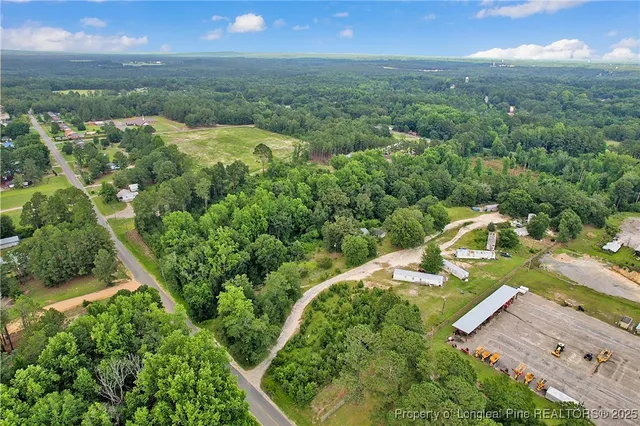 an aerial view of residential houses with outdoor space and trees