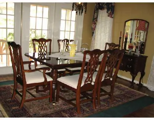 a view of a dining room with furniture and window