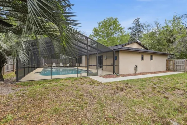 a view of a backyard with plants and large tree