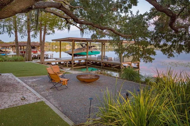 an outdoor space with furniture