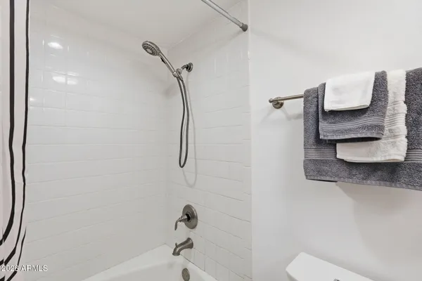 a bathroom with a shower and a toilet