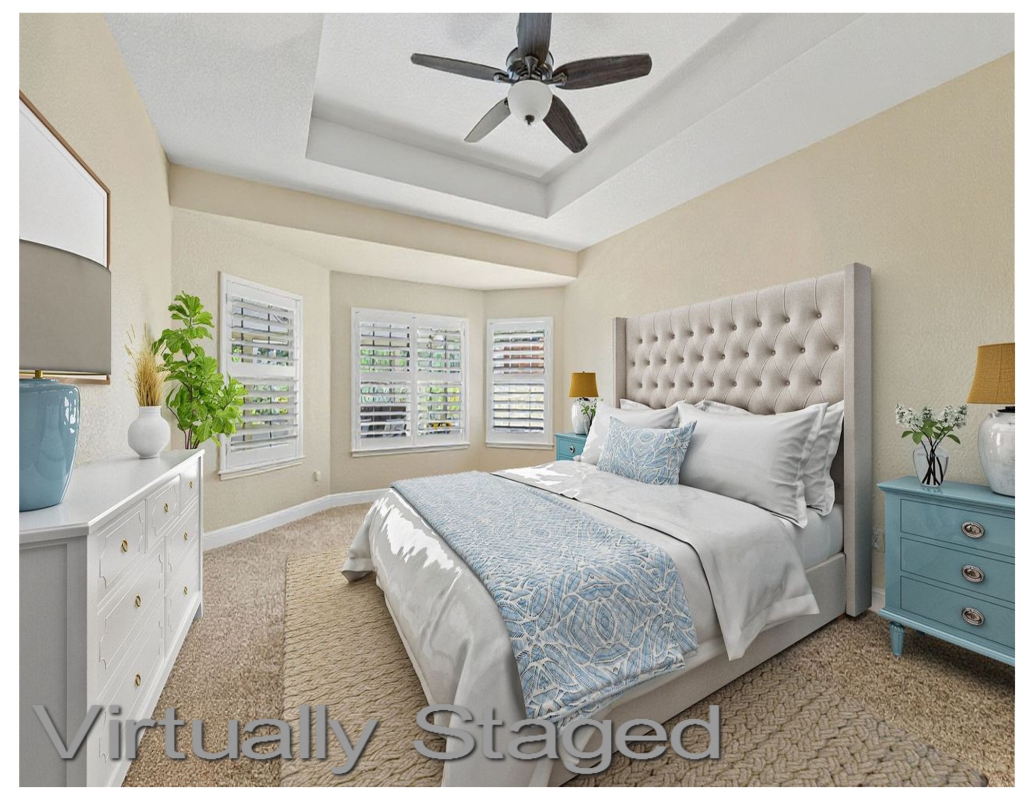 606 Explorer Lakeway, TX 78734 - Photo 5 of 29 Primary Ensuite in popular Mother-in-Law Plan makes for a perfect retreat! Features carpet, a tray ceiling, plantation shutters and ceiling fan.