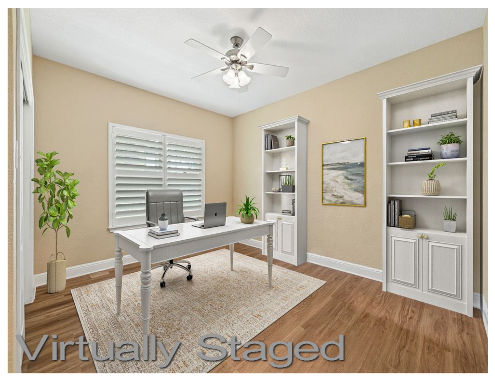 606 Explorer Lakeway, TX 78734 - Photo 6 of 29 OR a 3rd Bedroom has the home's 3rd FULL BATH adjacent! Virtually Staged here as an Office/Studio, it's good-sized and features plantation shutters, ceiling fan, closet & LVP Flooring!