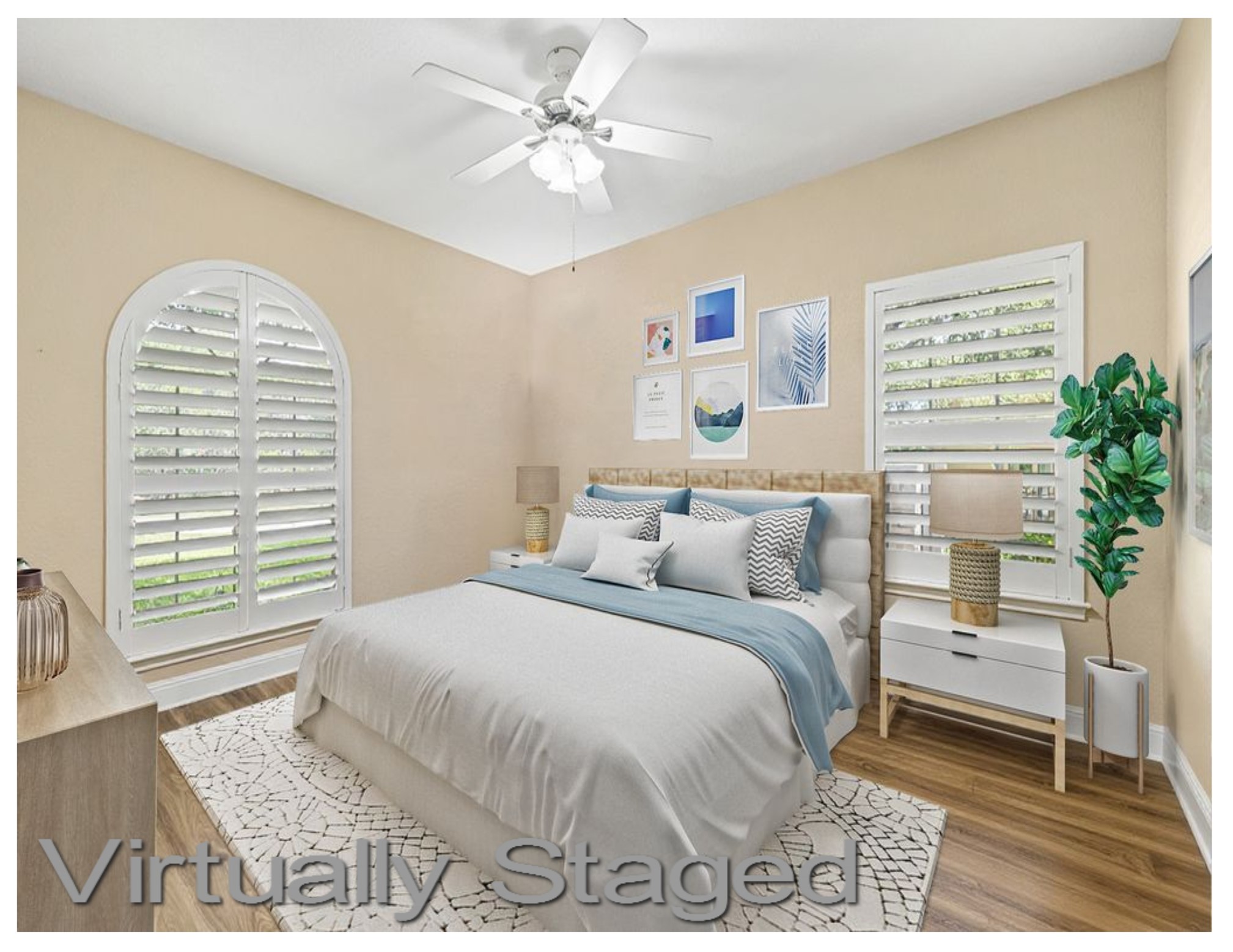 606 Explorer Lakeway, TX 78734 - Photo 7 of 29 The Front Bedroom is virtually staged and features an ADJOINING FULL BATH making it the perfect Guest Room or GREAT for Generational Living options! This space also makes a great office with storage closet and loads of natural light! The room also features LVP Floors & Ceiling Fan.