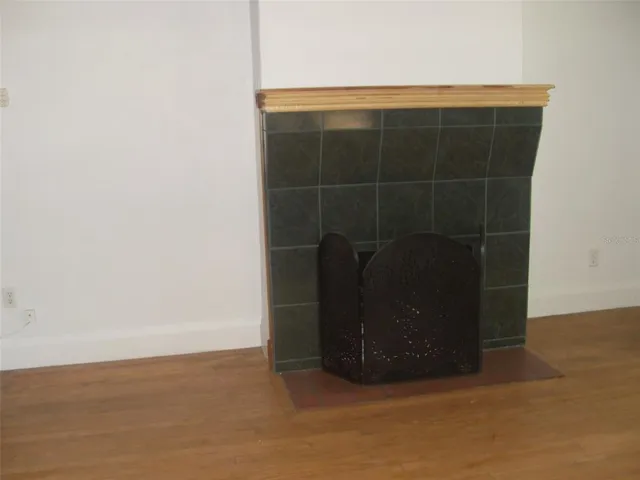 a fireplace with wooden floor