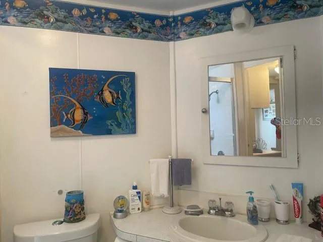 a bathroom with a sink mirror and vanity