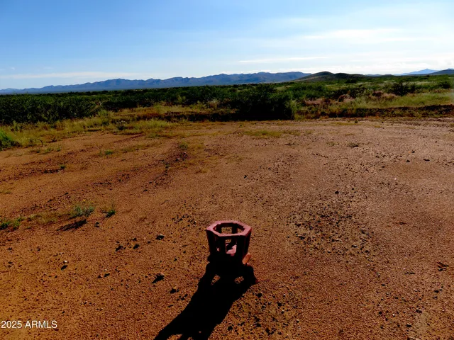 a view of a dry yard with a mountain view