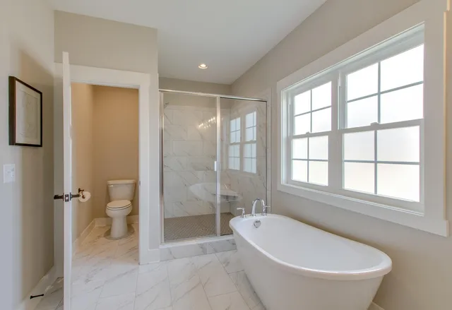 a bathroom with a large tub a toilet and a shower