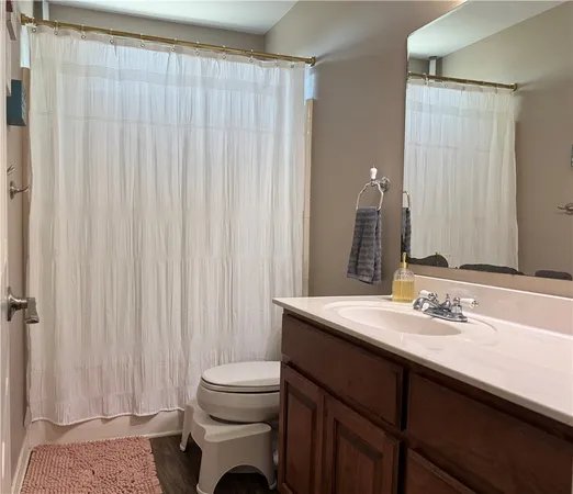 a bathroom with a sink a toilet and shower curtain