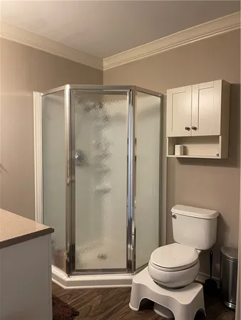 a bathroom with a toilet and a shower