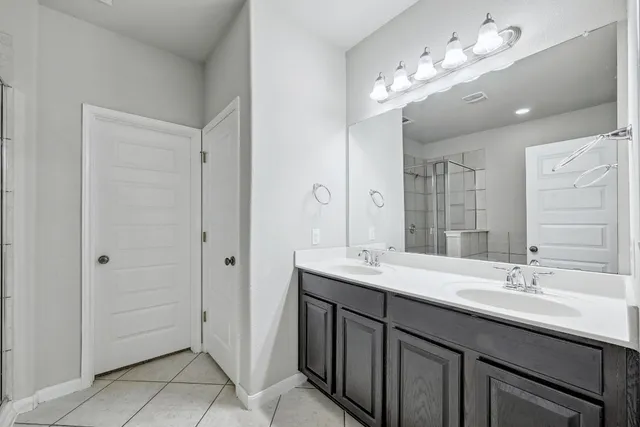 a bathroom with a double vanity sink a mirror and a shower
