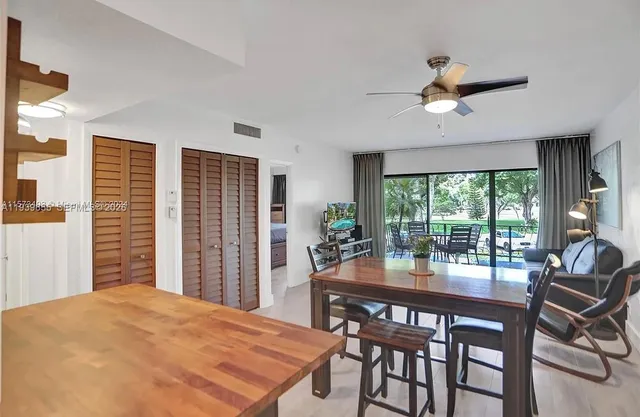 a view of a dining room with furniture window and outside view