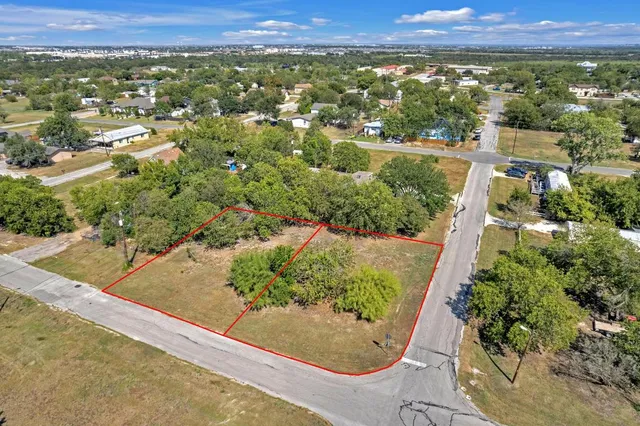 an aerial view of residential houses with outdoor space and trees