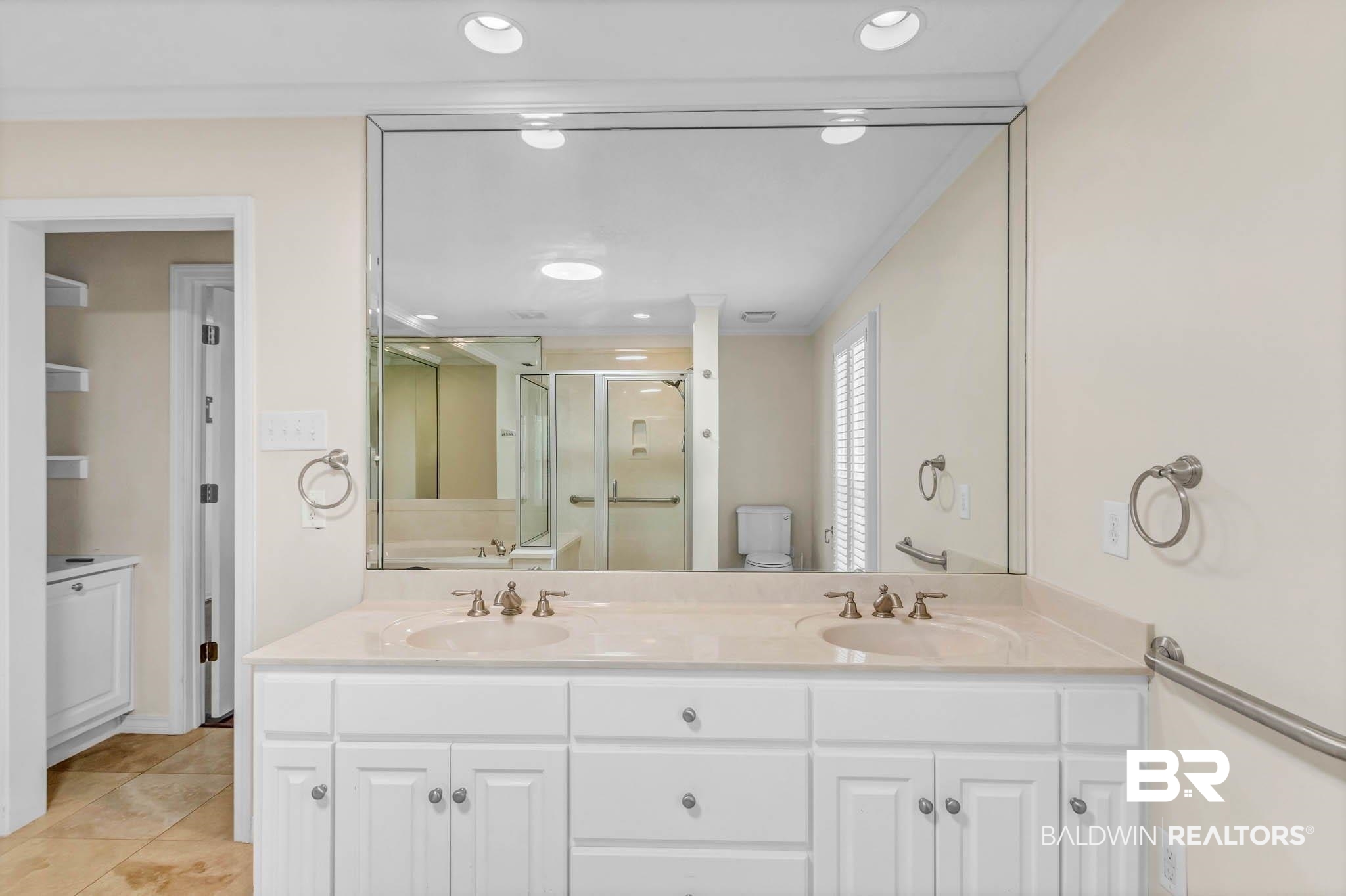 309 West Brandy Run Road Mobile, AL 36608 - Photo 44 of 100 Full bathroom featuring a shower stall, double vanity, recessed lighting, and tile patterned floors