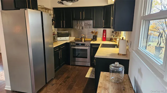 a kitchen with a refrigerator and a sink