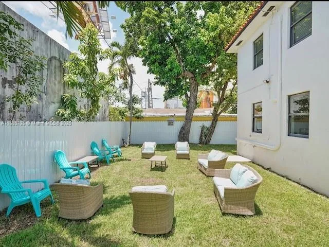 a view of a backyard with table and chairs