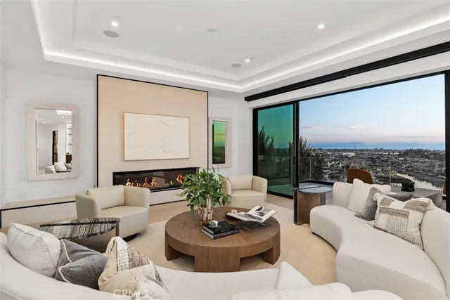 a living room with furniture potted plant and a large window