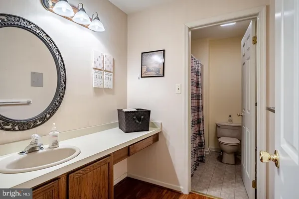 a bathroom with a sink a toilet and a mirror