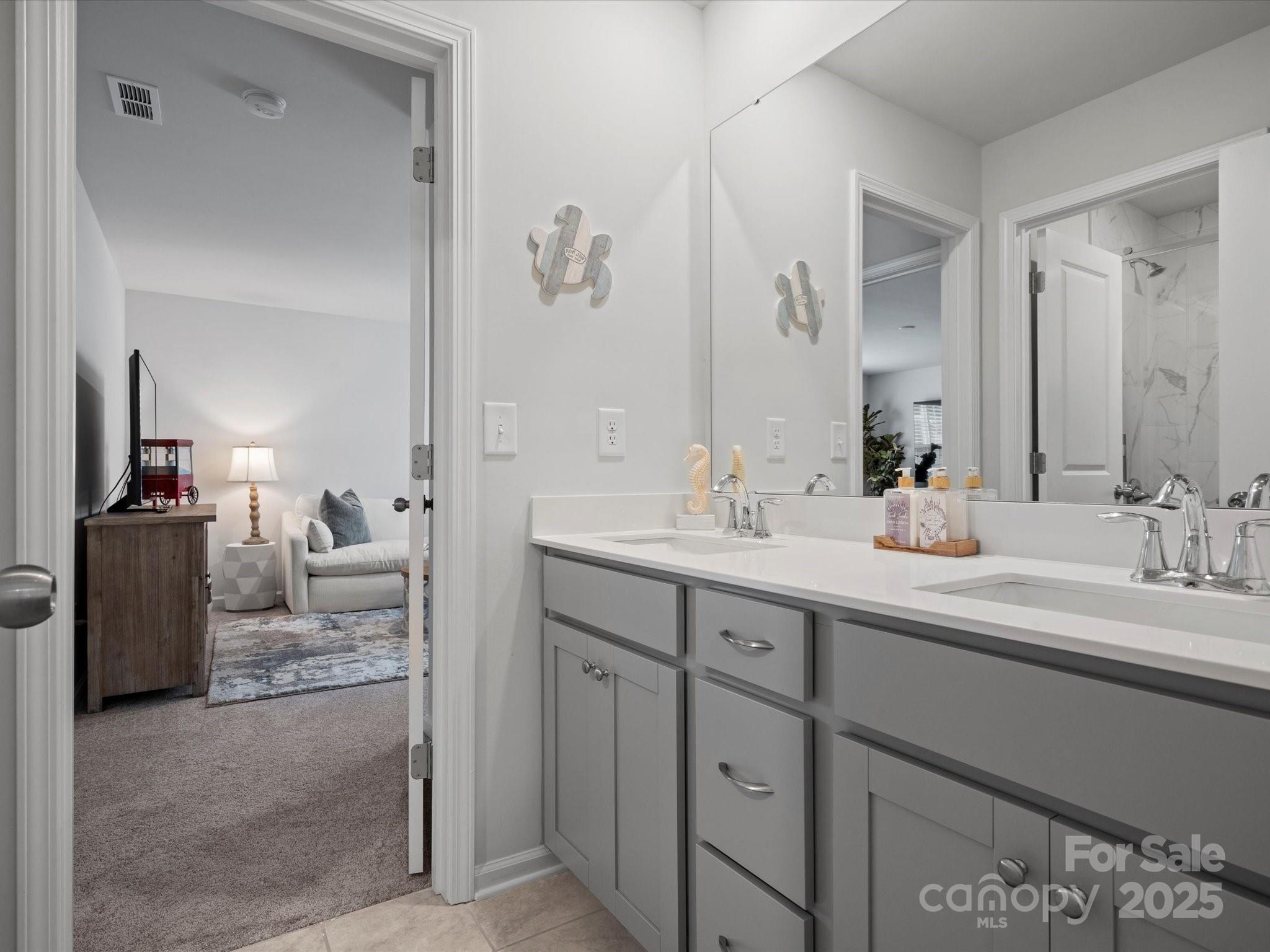 5581 Soft Shell Drive Lancaster, SC 29720 - Photo 35 of 48 a en suite bathroom with a double vanity sink and a mirror