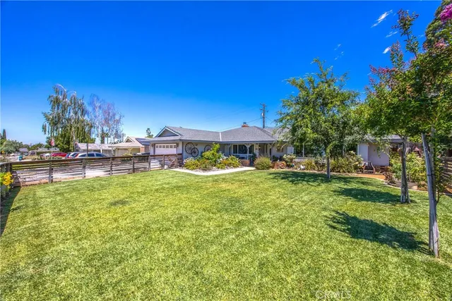 a view of a house with a big yard potted plants and a large tree