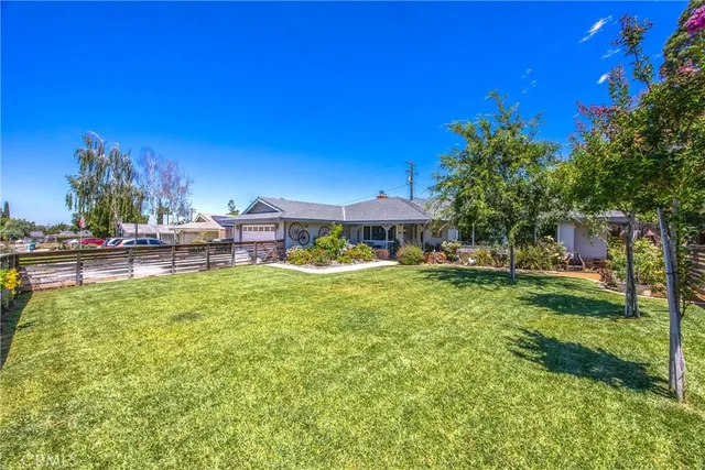 a view of a house with a big yard potted plants and a large tree