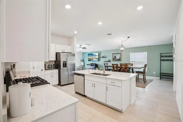 a view of a dining room with furniture
