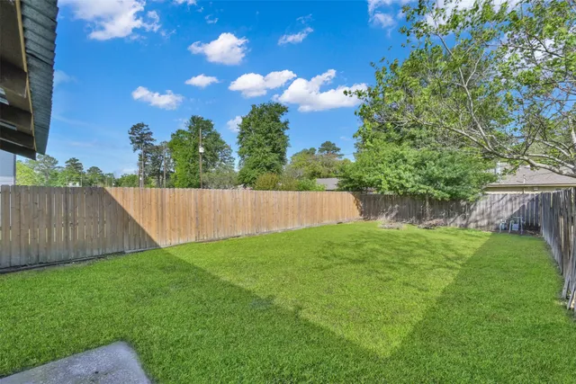 a view of a backyard with a plants and wooden fence