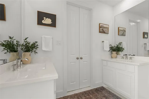 a bathroom with a sink a mirror and a potted plant