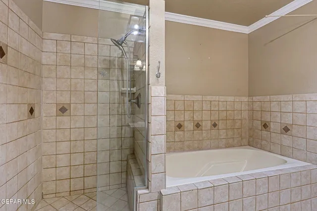 a bathroom with a bathtub and shower