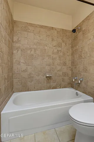 a bathroom with a bathtub and a toilet