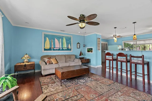 a living room with furniture a ceiling fan and a rug