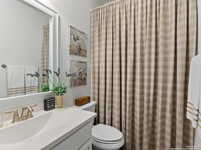 a bathroom with a sink a toilet and shower curtain