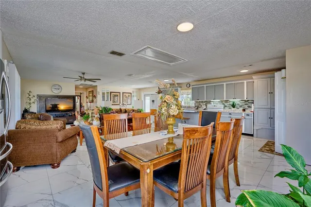 a view of a dining room with furniture