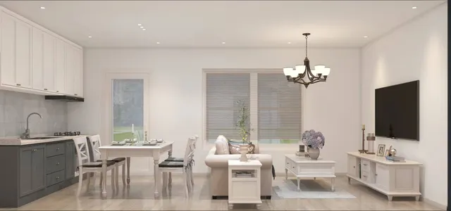a living room with furniture a chandelier and a flat screen tv