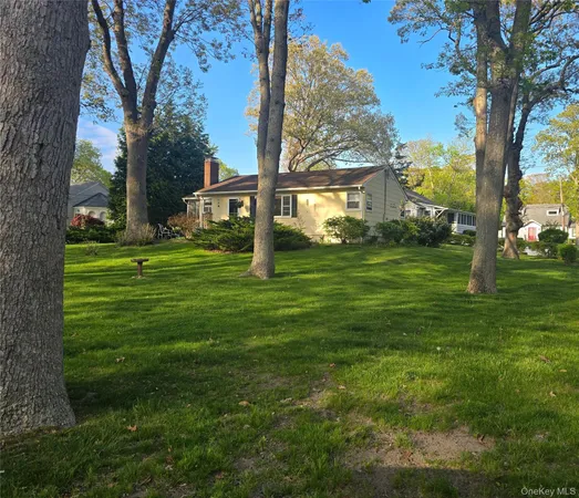 a tall tree in middle of green field in front of house