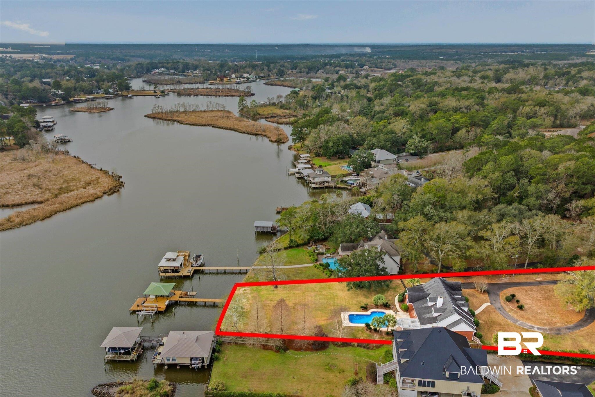 4851 Audubon Drive Mobile, AL 36619 - Photo 36 of 46 Aerial view of property's location featuring property boundaries highlighted and a large body of water