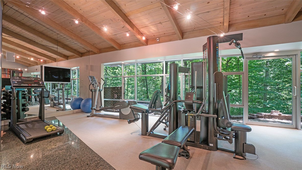 1965 Ridge Road Hinckley, OH 44233 - Photo 31 of 46 Exercise room with vaulted ceiling, wooden ceiling, and carpet floors