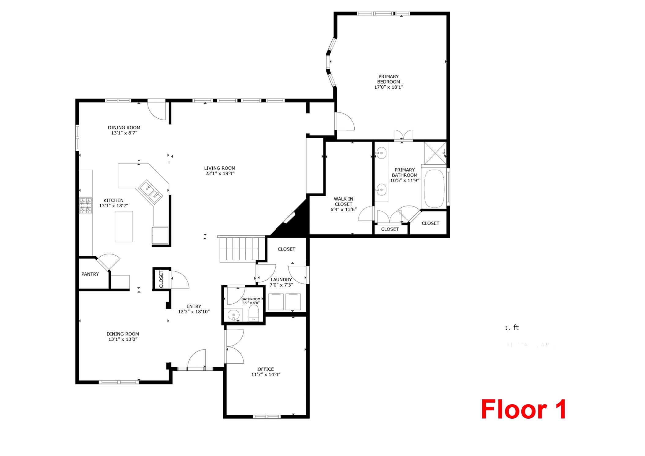 155 South Arrow Canyon Circle Spring, TX 77389 - Photo 48 of 49 Floor plan for the first level of a home. It features a spacious living room, kitchen with pantry, dining room, office, and a primary bedroom with an en-suite bathroom and walk-in closet. Additional amenities include a laundry room, entryway, and a half bathroom.