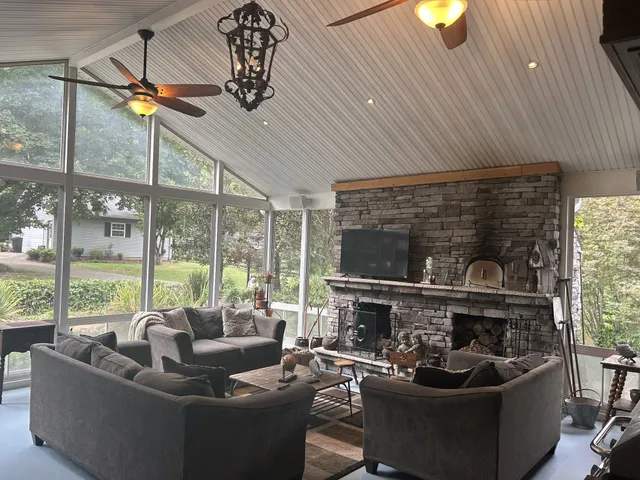 a bathroom with a shower and a toilet