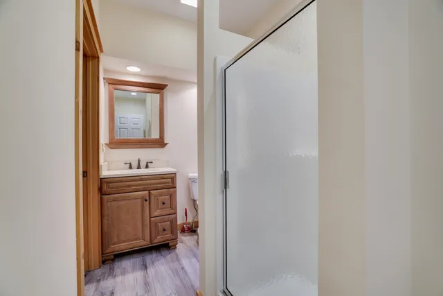 a bathroom with a sink a mirror and wooden floor