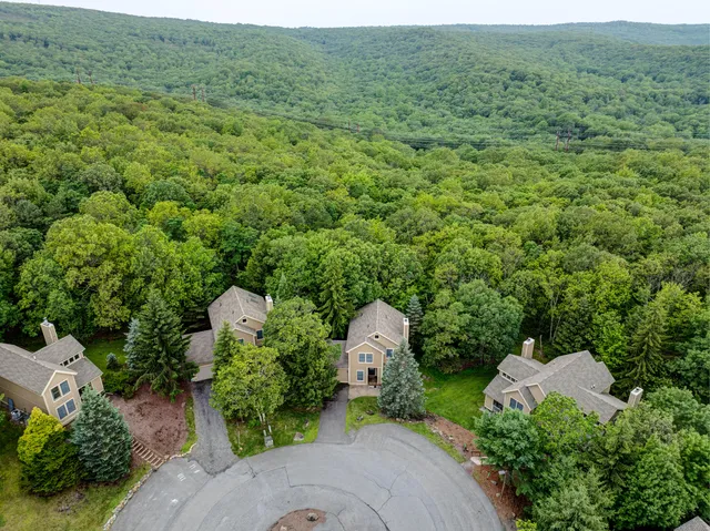 an aerial view of a house with outdoor space and garden