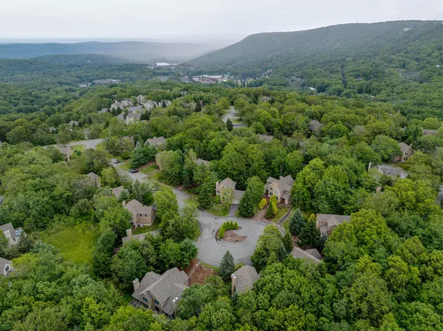 an aerial view of a houses with a lush green hillside