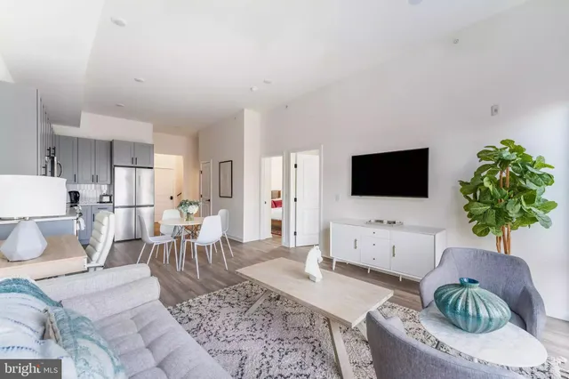 a living room with furniture a flat screen tv and a potted plant