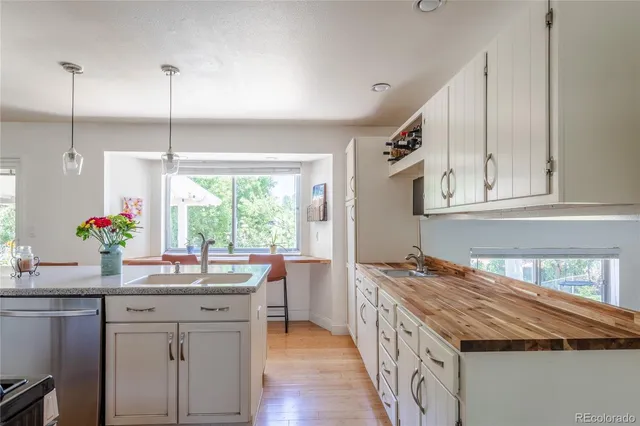 a kitchen with sink cabinets and potted plant