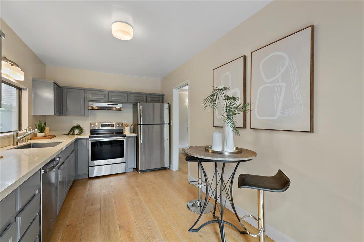 4 Farm Road Los Altos, CA 94024 - Photo 16 of 44 a kitchen with stainless steel appliances a stove a sink dishwasher and a refrigerator with wooden floor