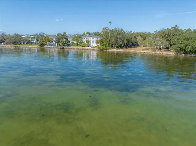 a view of a lake with houses in the back